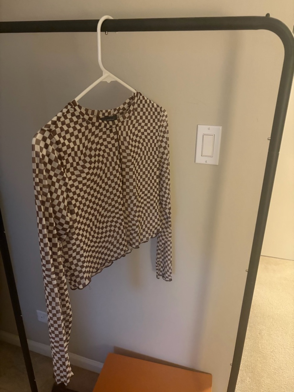 Brown and White Checkerboard Long Sleeve Crop Top